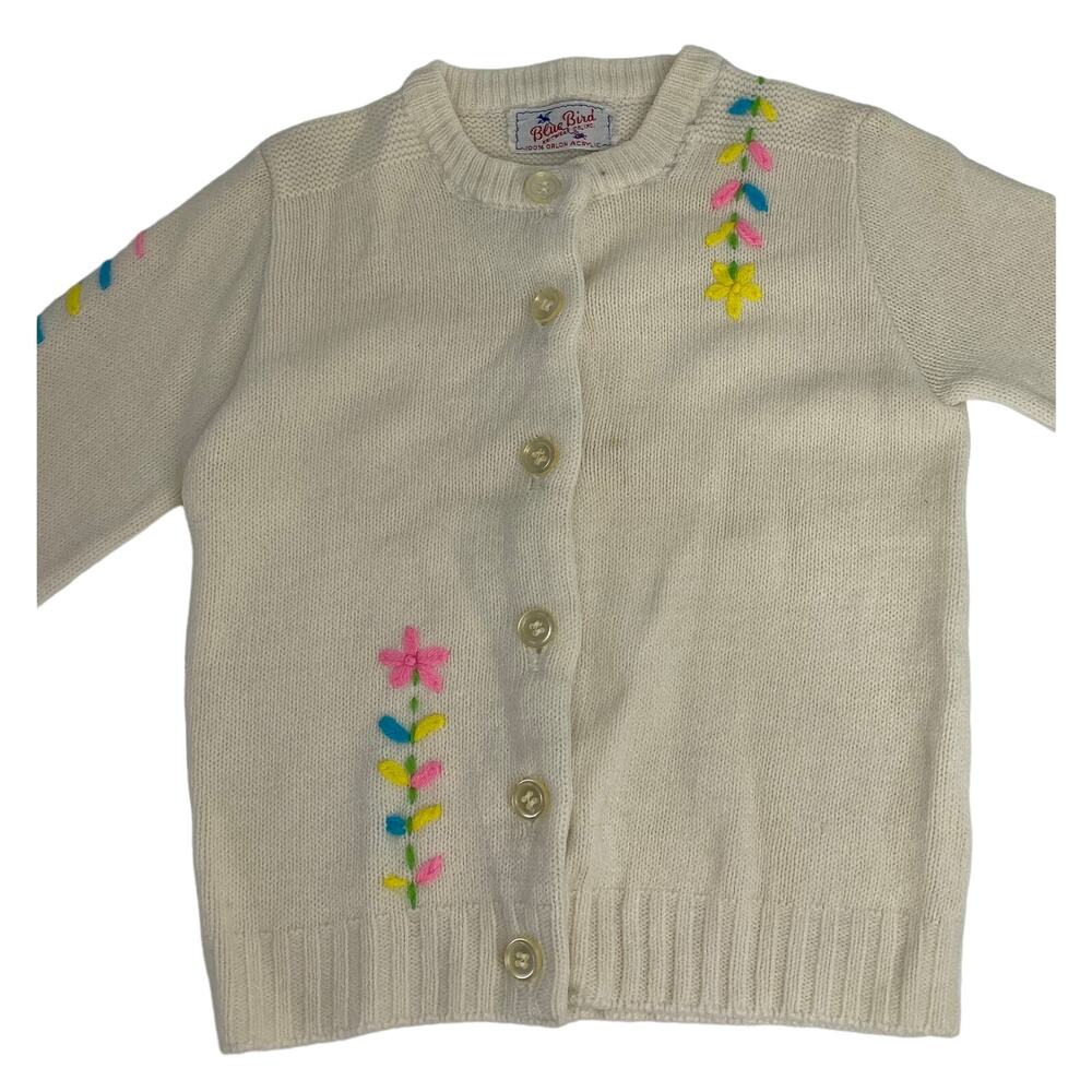 VTG 1980 Blue Bird girl sz2-4 sweater Easter and embroidered White Cardigan